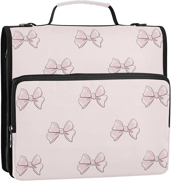 Cute Beautiful Pink Bows Zipper Binder with Shoulder Strap Bag 3 Ring Binder Organizer Large Capacity Multiple Compartments for School Office