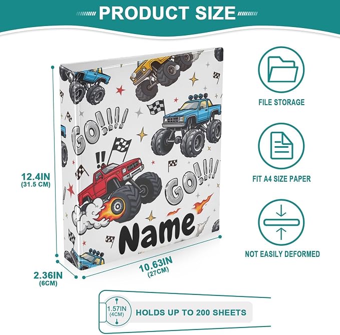Custom 3 Ring Binder Truck Racing Car Flag 1.5" Round Ring Binders Personalized Name View Binder with 200 Sheet for Kids School Supplies Women Men Office, 1 Pack