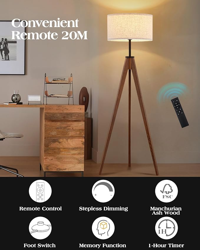 ELYONA Ash Wood Tripod Floor Lamp Stepless Dimmer & Color Temperature, Remote Control Mid Century Modern Coner Standing Lamp Linen Shade for Living Room Bedroom Office, LED Bulb Included, Walnut