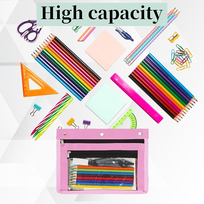 YoeeJob 18 Pack 1 Inch Expandable Zipper Pencil Pouches with Clear Window for 3 Ring Binder, Suitable for School & Office（Pink）