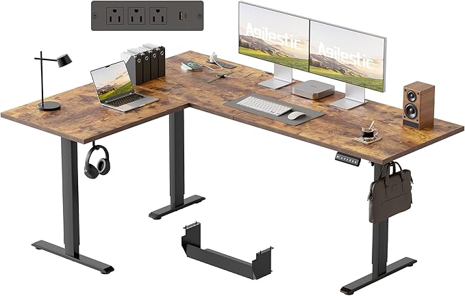 Agilestic 63 x 48 Inch L Shaped Standing Desk with Powerstrip, Rustic Brown | Outlets, Cable Management, Corner Desk, Ample Workspace, Memory Presets, Hooks, Stable Steel Frame,176 lbs, Splice Board