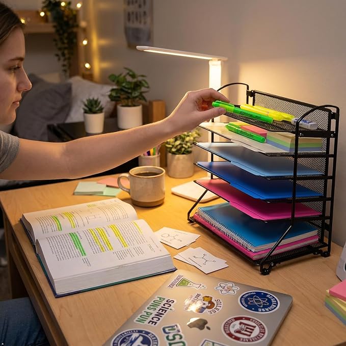 Simple Houseware 6-Tier Desk Organizer & Sliding Paper Tray, Black | Space-Saving Desktop Letter Tray for Document, Files and Mail Sorting
