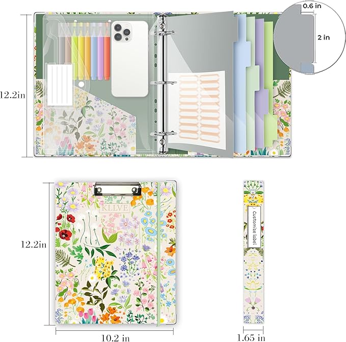 3 Ring 1 Inch Binder Organizer, KLLVE Three Ring Binders with Clipboard, 5-Tabs Pockets Dividers, Plastic Folder, 18 Divider Stikers,Pen Loop (Wildflower, Letter Size)