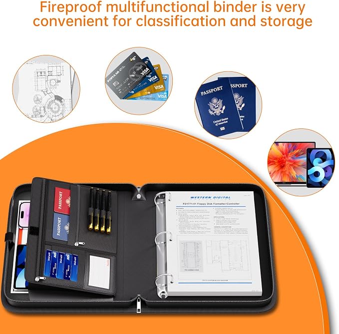 Tamfile Fireproof 3 Ring Binder with Zipper, 1.5 Inch D Ring Binder, Black | Hold Up 375 Sheets of 8.5"x11" A4 Paper, Portable Safe Storage with Large Pockets, Important File Storage for A4 Files