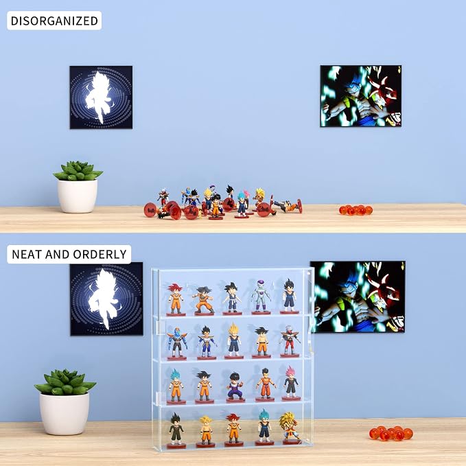 AITEE 4 Tiers Acrylic Display Case for Mini Funko Pop on Wall or Desktop | 11.77"Lx2.5"Wx13.38"H, acrylic, dustproof, wall mountable and freestanding, organizes mini toys collectibles stones