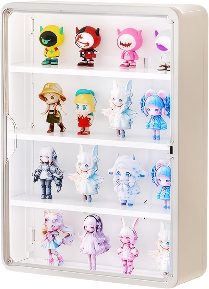 Wall Mounted Display Case for Figures, 15.75" High, Shadow Box with Shelves | Hanging Trinket Display Shelf for Collectibles Action Doll Blindboxes, 4-Layer White Shelf with Clear Magnetic Door 1 Pack