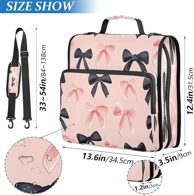 ALAZA Zipper Binder 3 Ring Pink Black Bows Pattern Binder Organizer with Zipper and Shoulder Strap Large Capacity Multi-Pocket Trapper Keeper File Folder for Office Supplies