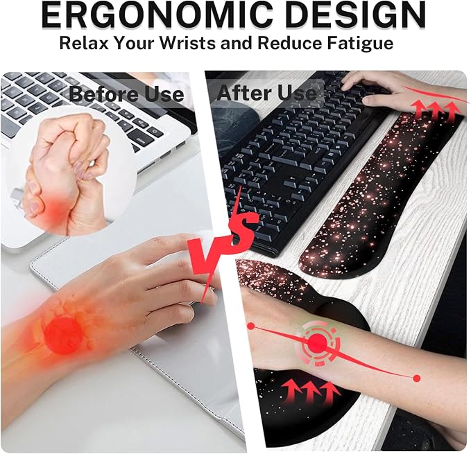 Keyboard Mouse Pad Set, 4 in 1 Desk Mat Set, Pink Rose Gold | Golden Black Large Mousepad+Keyboard Wrist Rest+Mouse Wrist Rest+Coaster Ergonomic Design for Home Office Computer