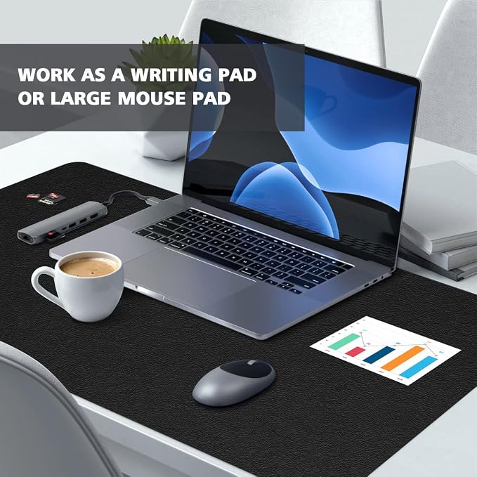 Extra Large Leather Desk Pad with Suede Base Office Mat for Home - Waterproof, Non-Slip, PVC - Black, 24" x 36"