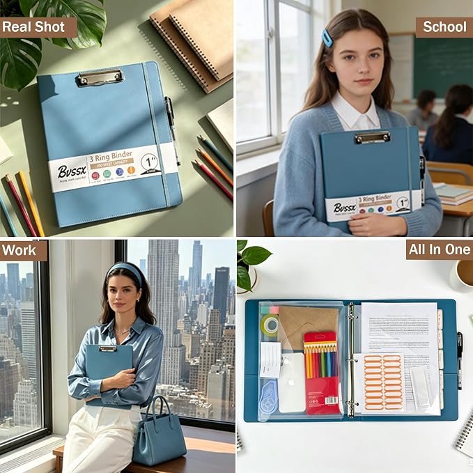 1 Inch 3 Ring Leather Binder Organizer, BVSSX Three Ring Binders with Clipboard, Plastic Folder, 5-Tabs Pocket Dividers with Sticker Labels, Pen Loop, Elastic Strap (Blue, Letter Size)