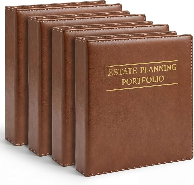 Dunzoom 4 Pcs Estate Planning Portfolio Binder PU Leather 3 Ring Binders with Gold Title and Index Tab Dividers, 11'' x 11.8'' x 2.4'' Estate Planning Organizer (Brown)