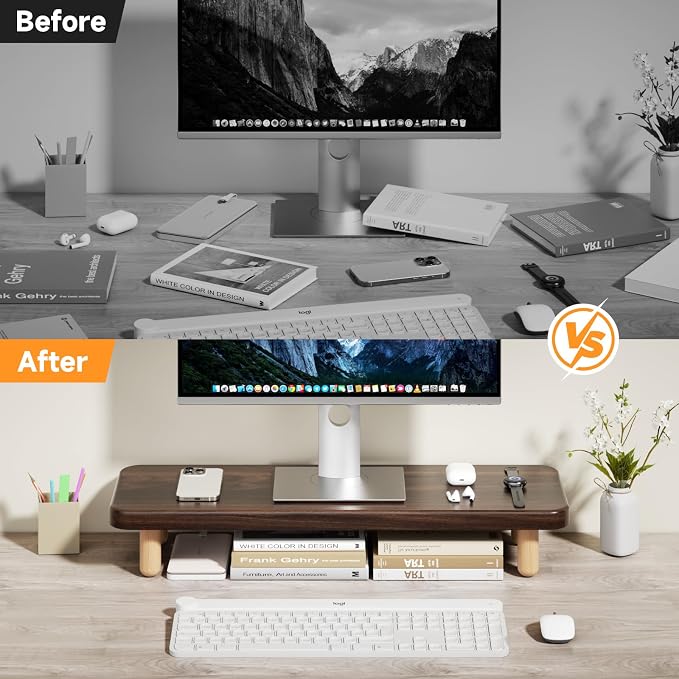 Monitor Stand Riser, 24 Inch Wood Desk Organizer with Monitor Stand & Storage Computer Monitor and Laptop Riser Multifunctional Laptop Stand Desk Organizer for Office Home Screen/Laptop/PC (Dark Walnut)