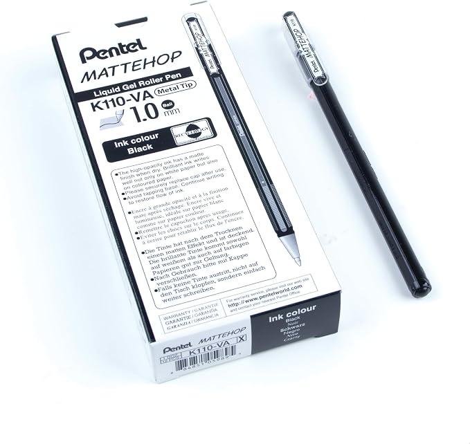 Pentel Arts Hybrid MATTEHOP Gel Roller, 1.0mm, Matte Black Ink, Box of 12 Each (K110-VA)