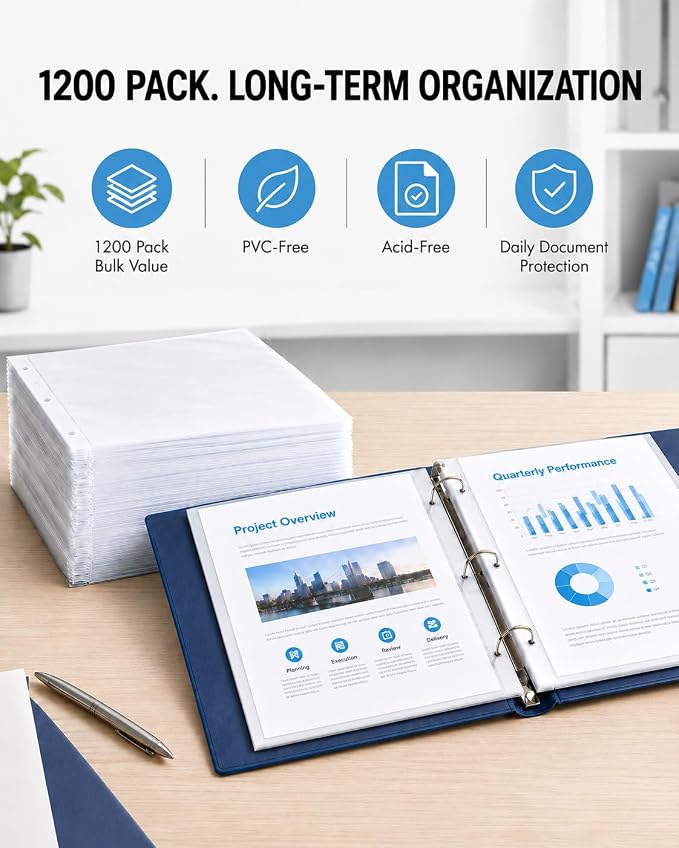 KTRIO Sheet Protectors for 3 Ring Binder 1200 Pack Plastic Sleeves 8.5 x 11 | Clear Page Protectors, Acid-Free Plastic, Fits Letter Size Paper Documents, Top Loading, Business Office School Supplies