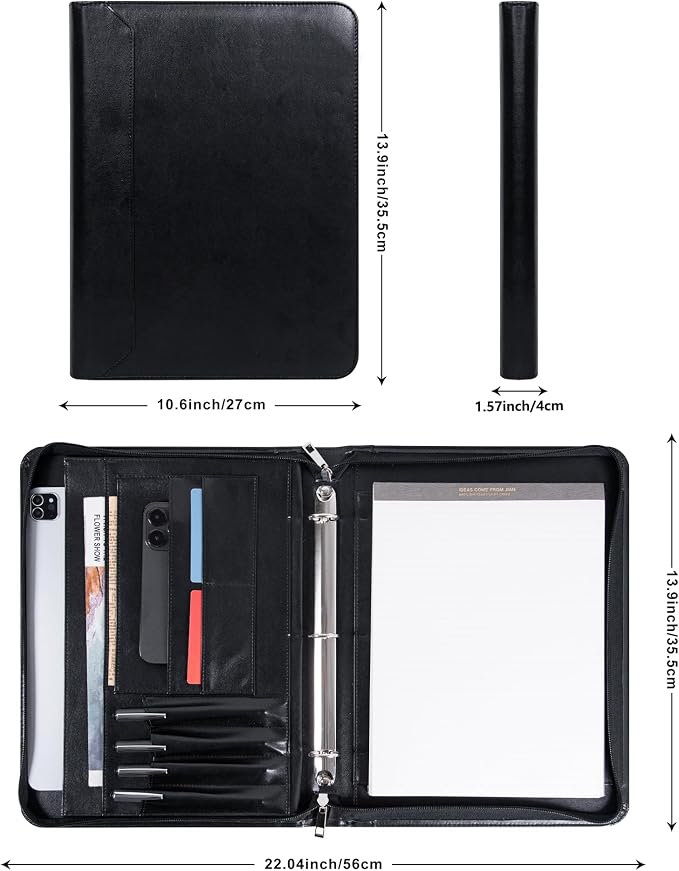 Black Vegan Leather Binder Portfolio for Women and Men,3 Ring Portfolio Binder with Zipper, A4 Planner Padfolio with Laptop Pocket,Legal Size Folio,Work padfolio Organizer for Women