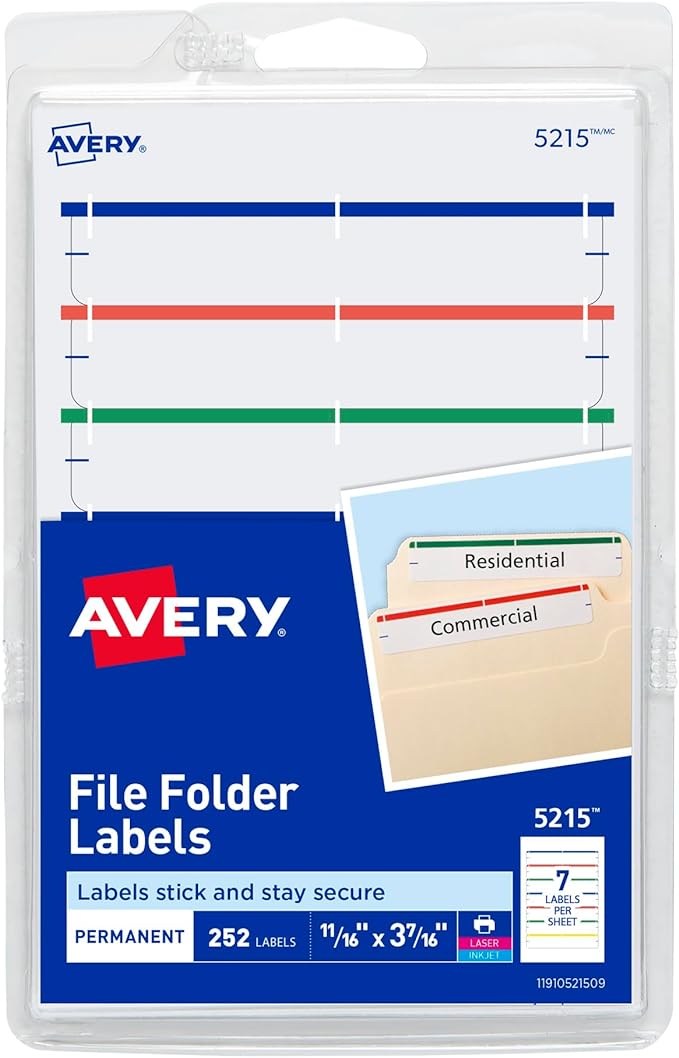 Avery® File Folder Labels on 4" x 6" Sheets, Easy Peel®, Assorted, Print & Handwrite, 2/3" x 3-7/16", 252 Labels (5215)