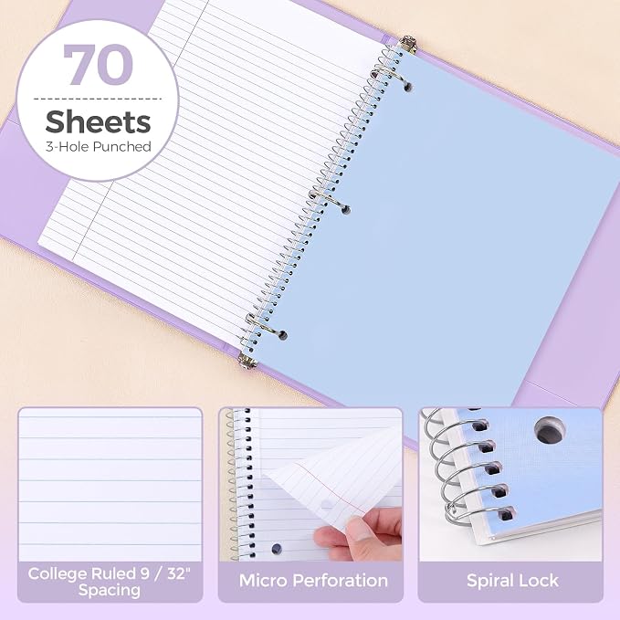 SKYDUE School Supplies Set – 1" 3-Ring Binder, 2 Expanding File Folders, 3 Spiral Notebooks, 8 Tab Dividers & Pencil Pouch – Cute Stationery for High School Stude, College Essentials Purple