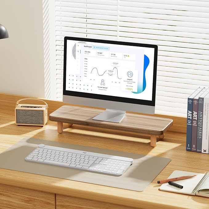 Monitor Stand Riser, 24 Inch Wood Desk Organizer with Monitor Stand & Storage Computer Monitor and Laptop Riser Multifunctional Laptop Stand Desk Organizer for Office Home Screen/Laptop/PC (Light Walnut)