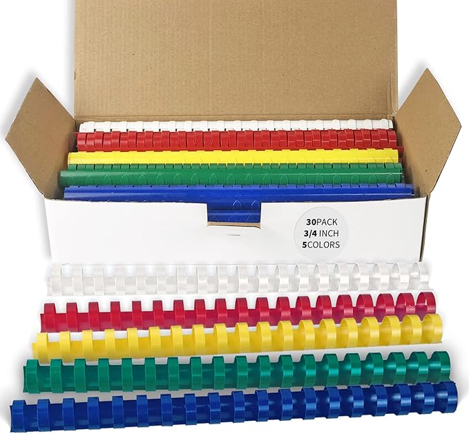 Binditek Plastic Binding Combs, 3/4 Inch, 19 Ring, Multi Color, 30 Pack | Plastic Binding Combs, 3/4 Inch Diameter, 150 Sheet Capacity, for Letter Size, Multi Color (White, Yellow, Red, Green, Blue)