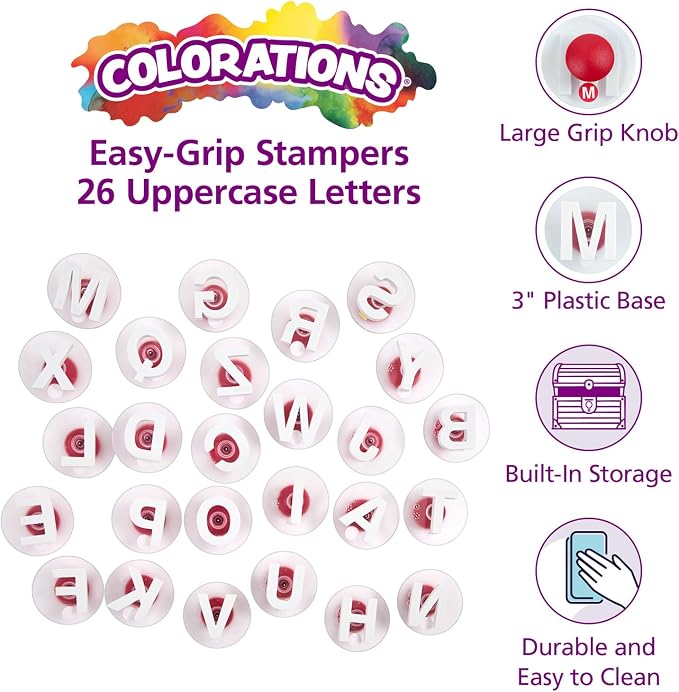 Colorations Easy-Grip Foam Stampers, Uppercase Alphabet Letter Stampers | Set of 26, Ages 3+, PreK+, Learn the Alphabet, Easy to Grip & Use Stampers