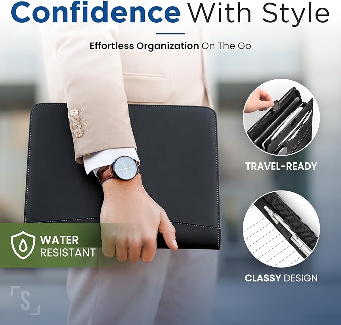 STYLIO Zipper Portfolio Binder | Padfolio 3 Ring Binder (1") and Clipboard Folio (Removable)| Portfolio Organizer for Documents, iPad, Tablet, Phone |Faux Leather Notebook Folio for Men & Women