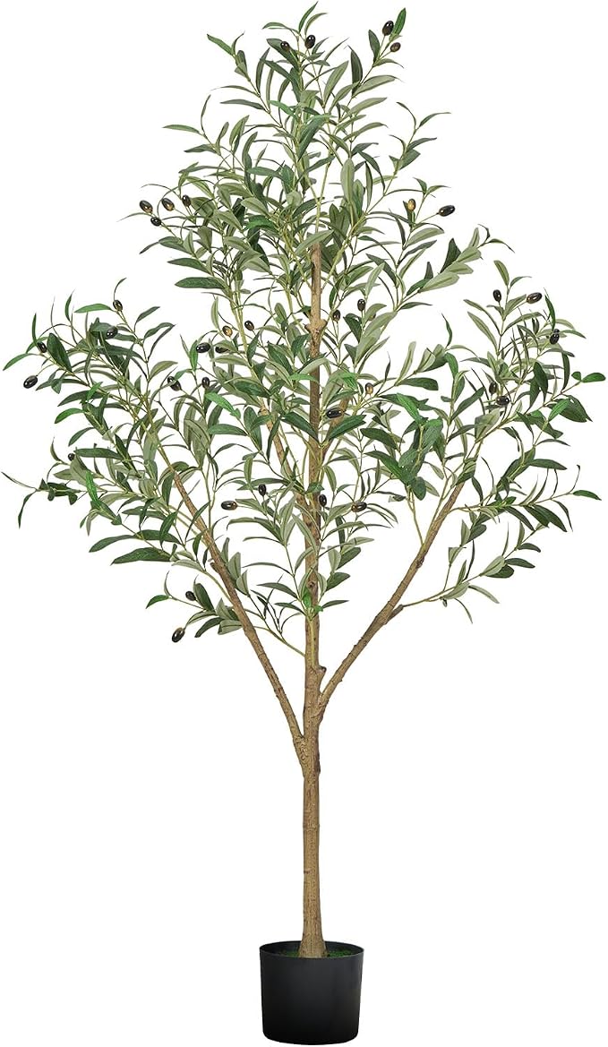 VEVOR 5FT Artificial Olive Tree with Black Pot, Tall Fake Tree with Natural Wood Trunk & Realistic Green Leaves and Fruits, Indoor Faux Plant for Home, Office, Living Room, Corner Decor