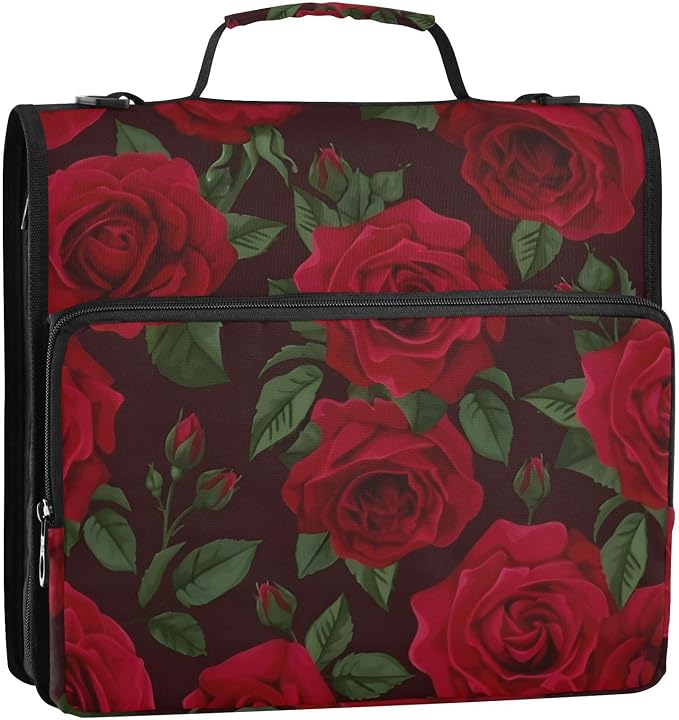 Red Rose Black Roses Zipper Binder Bag 3 Ring Binder with Shoulder Strap Zip Up 500 Sheets Capacity Multi Pockets for School Office Supplies