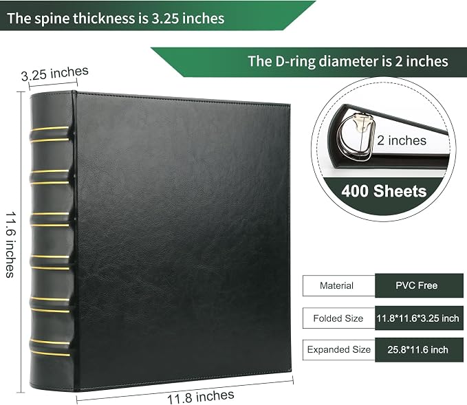 LETVPVOW Vintage Hardback 3 Ring Binder 2 Inch, Professional Leather Binder 3 Ring, Three Ring Binders Fits 8.5" x 11", D Ring Binders for Photo Album, Home, School and Office Supplies- Dark Green