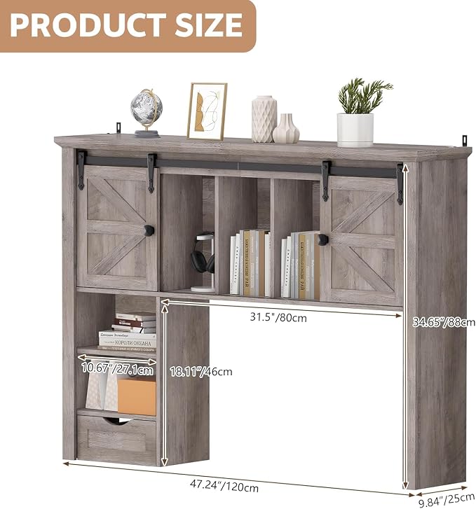 Large Desktop Bookshelf with Sliding Barn Door, 47.2''W Desk Shelf | Display Rack, Desktop Organizer Storage Rack with 7 Cubbies and Drawer, Home, Desk Shelf for Office, Dorm, Vanity, Oak