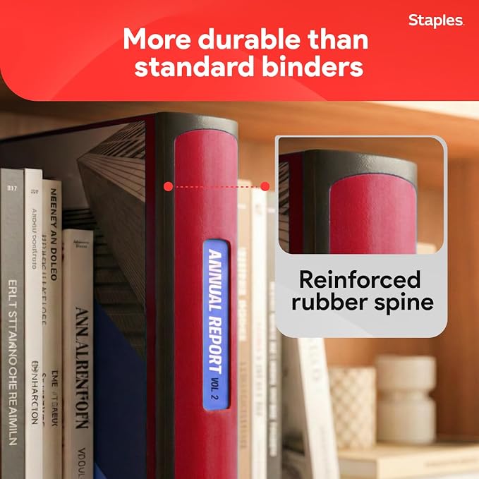 Staples Heavy-Duty 2-Inch D-Ring Binder, Red, Holds 540 Sheets | 3-ring binder with pockets for durable school and office document storage.