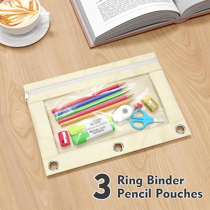 Binder Pencil Pouches, Pencil Pouch for 3 Ring Binder with Zipper Pulls, Clear Window Pencil Case for Binder, Zipper Pencil Pouches with Rivet Enforced 3 Ring, 20 Pack, 10 Color