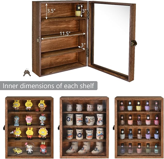 Ikee Design Wood Wall-Mounted Display Case with Glass Top & Lock | Display Shelves Case Shadow Box with lock,Tempered Glass Top Wall Mounted Display Your Valuable and Collection