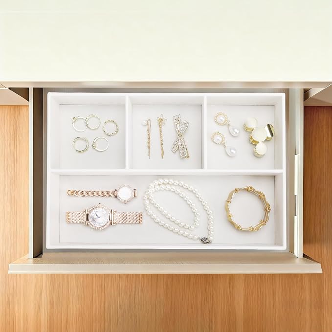 PU Leather Desk Drawer Organizer, 4 Compartment Office Supplies Stationery Storage Tray, Desk Organizers and Accessories Drawer Organizer Tray for Home, Makeup, Jewelry Stackable White