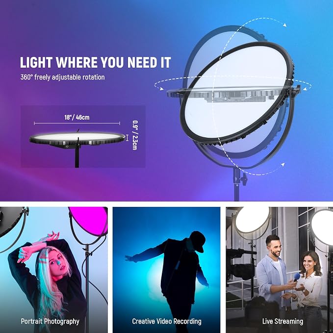 NEEWER 18" RGB LED Round Panel Video Light with APP Control, 65W 6000Lux/0.5m 2500K-8500K RGBCW Photography Studio Lighting /18 Scenes/V Battery Powered for Outdoor Filming Recording Streaming, GR18C