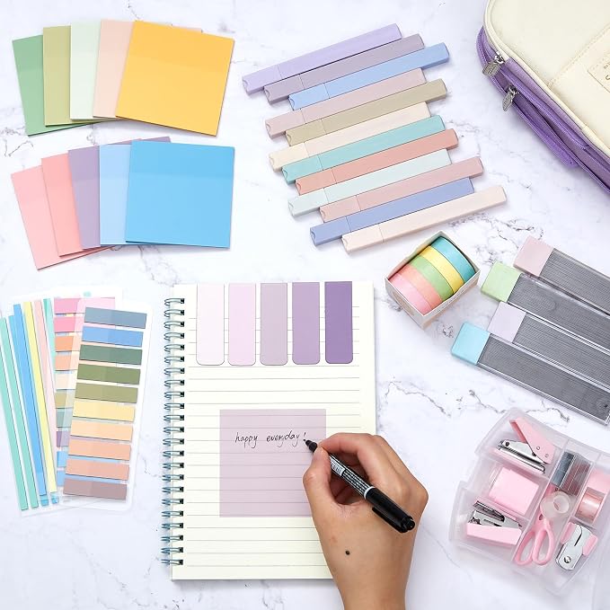 Sinload 60 Pcs Aesthetic Book Annotation Kit School Supplies Cute Pencil Case Mini Stapler Set 12 Highlighter 5 Gel Pen 6 Pencil 5 Magnetic Bookmark 1220 Sticky Note Student Stationary(Purple)
