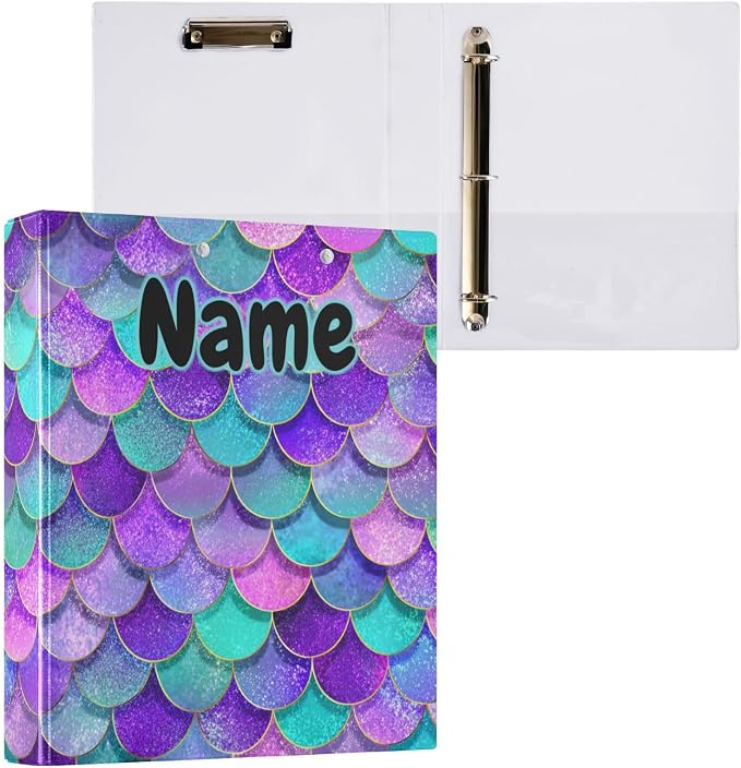 Custom 3 Ring Binder Mermaid Scales 1.5" Round Ring Binders Personalized Name View Binder with 200 Sheet for Kids School Supplies Women Men Office, 1 Pack