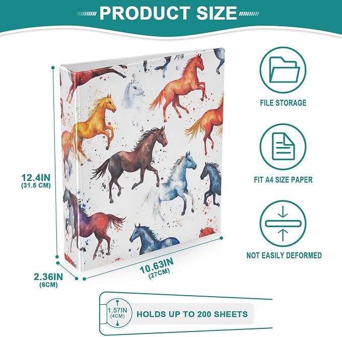 Watercolor Horses Decorative 3 Ring Binder 1.5 Inch Large View Binders with Pockets Holds 200 Sheets File Organizer for Office College School, 2 Pack