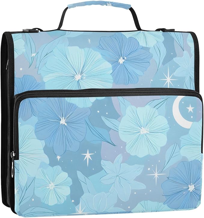3 D-Ring Zipper Binder Bag, Light Blue Flowers Hibiscus Pattern Removable Binder with Zipper Case Hold 700+ Sheets& 13 Inch Laptop for School Office Supplies Organizer