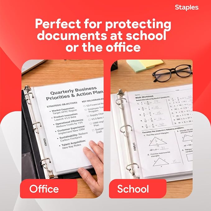 Staples Sheet Protectors, 8.5x11 Inch, Top-Loading, Clear, 200-Pack | 2.4 mil standard-weight pages protect documents in binders and folders.