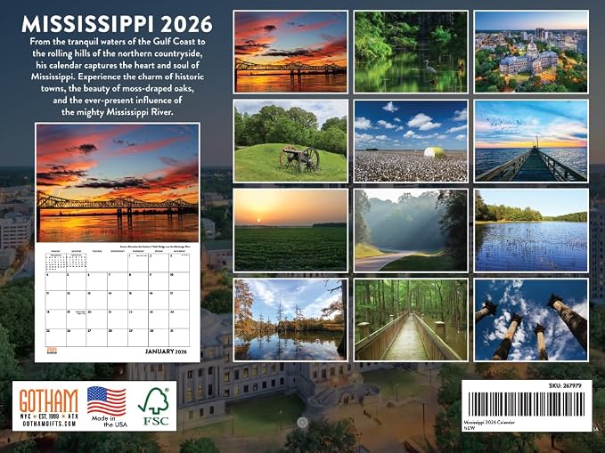 Mississippi Calendar 2026 Wall 12 Month Monthly MS Scenic Souvenirs Themed Gifts | American Made In The USA