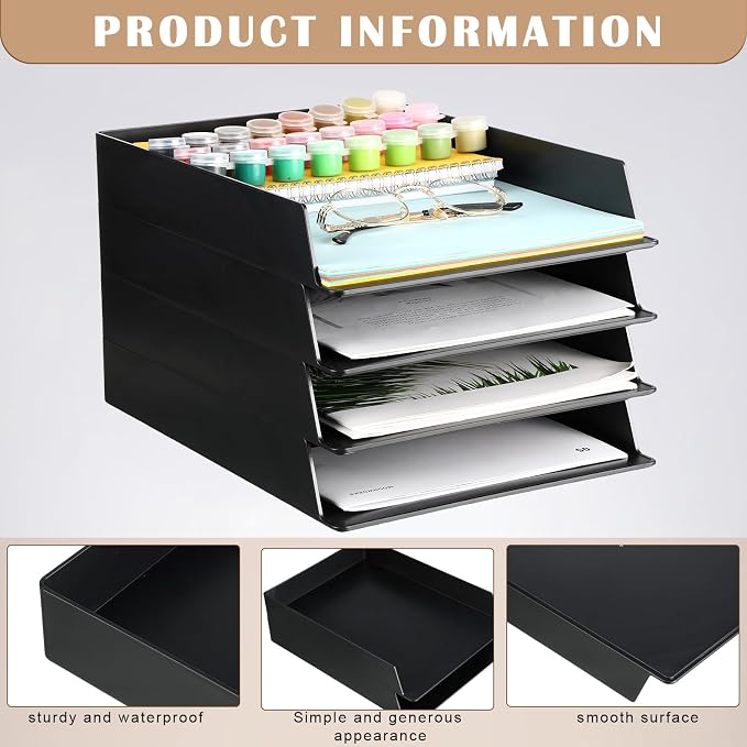12 Pcs Stackable Paper Trays Rectangular Plastic Desk Holder Desktop Document File Organizer Storage Letter for Office Classroom (Black)