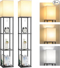 2-Pack Floor Lamp with Shelves, 3-Tier Square Bookshelf Standing Lamp | 3 Color Temperature Bulb Included, Pull Chain Square Tall Lamp for Living Room Bedroom Corner Office Apartment Decor
