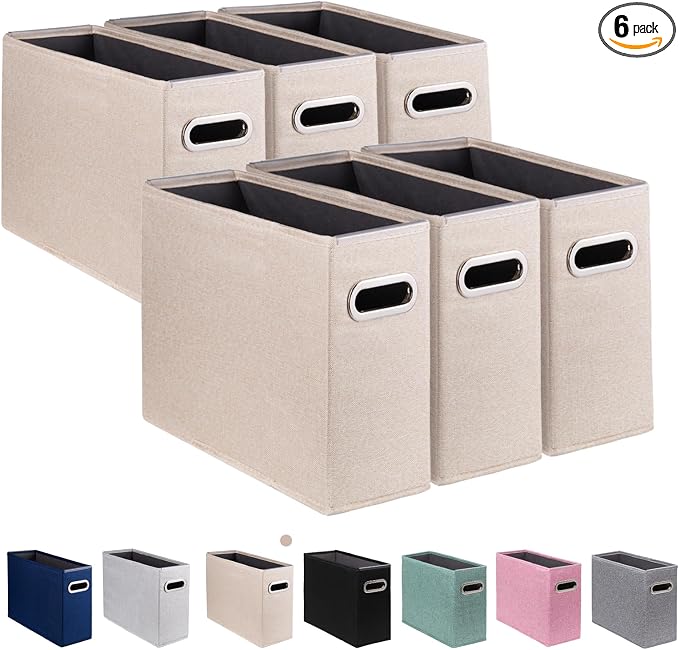 6 Pack Letter Size File Storage Box Collapsible，Fabric Hanging File Folders Organizer, Portable Office Document Holder with Metal Handle, Smooth PVC Rails, Beige