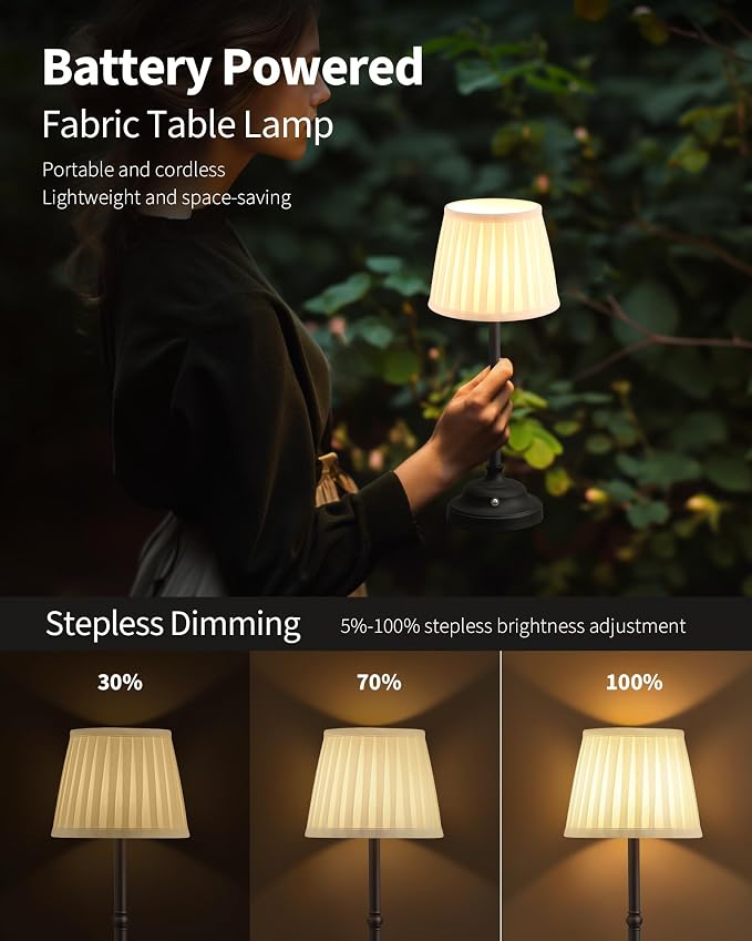 KDG Black Cordless Portable LED Table Lamp, White Fabric Shade Desk Lamp | 4000mAh Rechargeable Battery Powered Lighting, Dimmable Light for Dining Room, Bedroom, Bedside, Night Light, Balcony