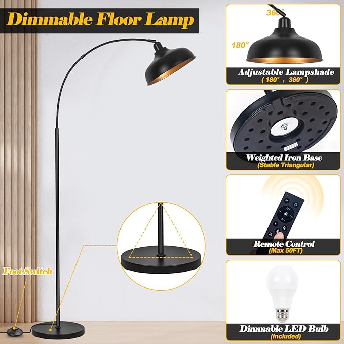 Arch Floor Lamps with Remote, Dimmable Floor Lamp 70” Black Tall Lamp | Arc Lamps Floor Standing with 9W Bulb, 360° Adjustable Hanging Metal Shade, Over Couch Lamps for Living Room, Foot Switch