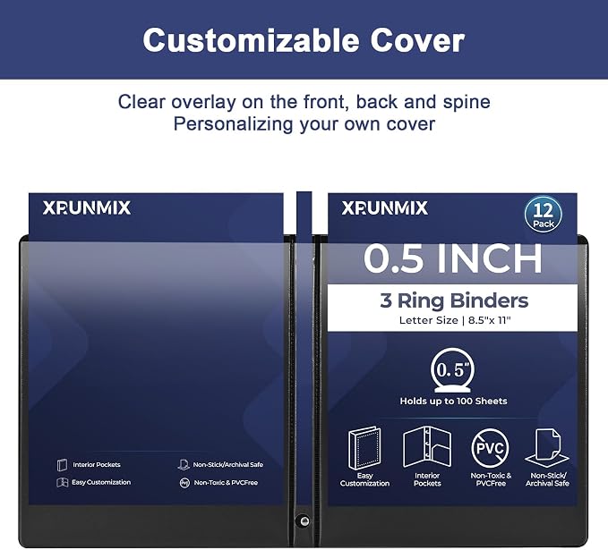 0.5-1-Inch 3-Ring-Binder with Pockets, Basic Binders 1-inch View Round Binders Holds US Letter Size 8.5'' x 11'' - Bundle Packs Perfect for Home, Office, and School (0.5'' - Black -12 Packs)