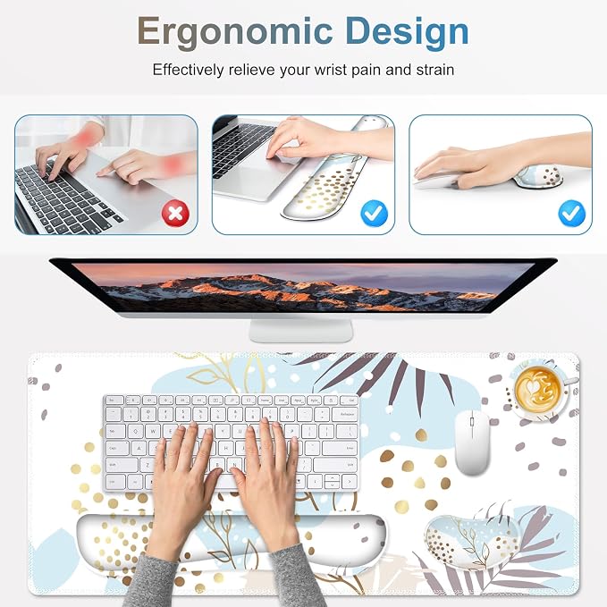Large Gaming Mouse Pad Set, 4 in1 Ergonomics Keyboard Desk Mat with Memory Foam Wrist Rest, Computer Extended Game Mousepad, Non-Slip Desk Pad Matt Easy Typing Pain Relief I Art Modern Blue