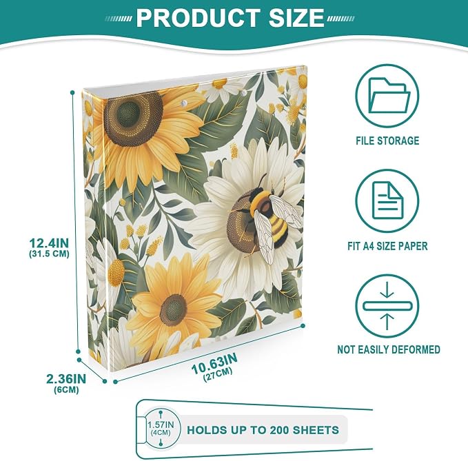 3 Ring Binder Sunflower Bee 1.5" Round Ring Binders View Binder with 200 Sheet for Women Men Office Kids School Supplies, 1 Pack