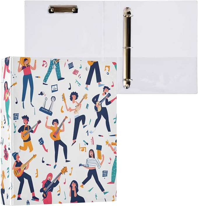 3 Ring Binder Music Girls Boys Doodle 1.5 inch Binders Three Ring Binders with Clipboard Fit 8.5'' x 11'' Paper 3 Interior PVC Clear Pockets for Office Supplies