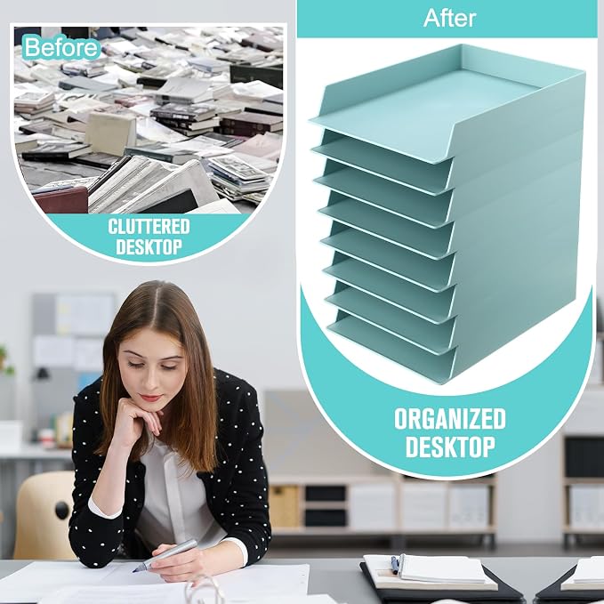 Tatuo 8 Pack Stackable Paper Trays Plastic Letter Tray Desk Organizer Paper Holder Organizer Storage Office Desk Accessories for Classroom Magazine File Documents 12.8 x 9.45 x 1.97, Blue Green